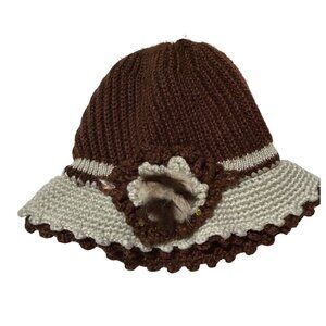 Handmade Crochet Cloche Hat Brown Cream Faux Fur Flower Retro Cottagecore